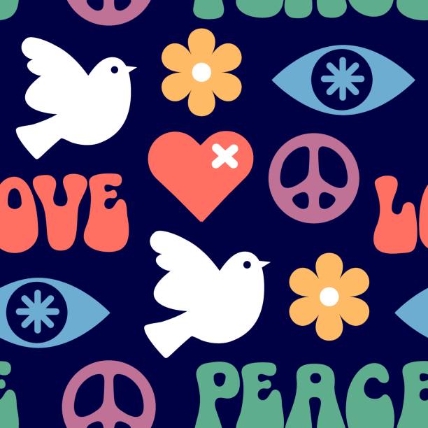love and peace color seamless vector pattern design for clothing print, textile, wallpaper symbols of peace stock illustrations