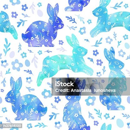 istock Watercolor drawing of a rabbit, flowers, eggs. Gentle beautiful vector illustration. Blue seamless pattern for fabric, wrapping paper, and wallpaper. 1437658100