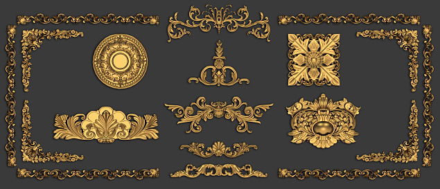 Third  decorative noble golden vintage style ornamental stucco and plaster embellishment elements for anniversary, jubilee and festive designs with alpha channel