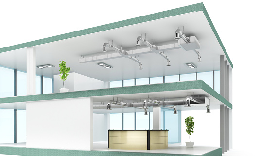 sectional office space with ventilation structure on the ceiling. 3d rendering