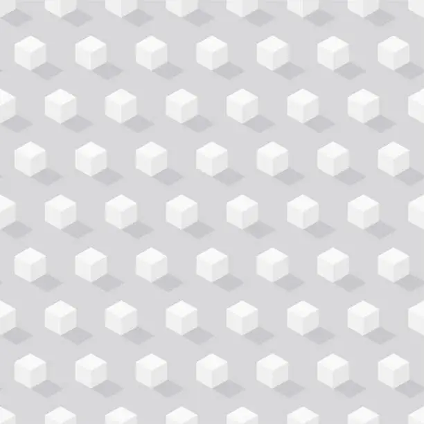 Vector illustration of Isometric white cubes with shadow on gray background. Vector geometric seamless pattern