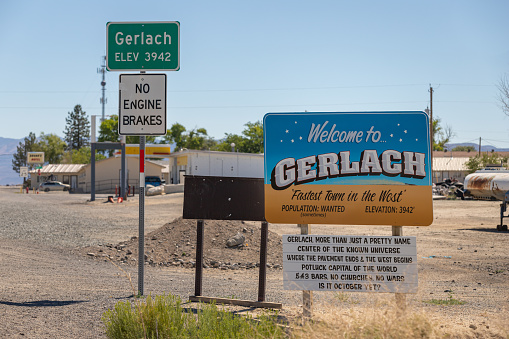 Gerlach, Nevada, United States – July 04, 2020: A humorous sign welcoming visitors to Gerlach, Nevada, a small town in Northern Nevada and popular gateway to the annual Burning Man festival.