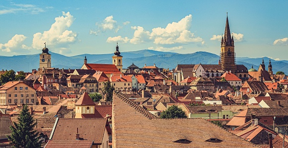 Skyline view of Sibiu, city in Transylvania, Romania