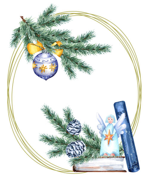 ilustrações de stock, clip art, desenhos animados e ícones de oval christmas frame. fir branches with blue cones, christmas angel with a star in her hands, blue glass ball, old books. hand drawn watercolor illustration on white background for cards, poster. - background cosy beauty close up