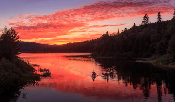 A lake with a boat surrounded by the forest, at vivid sunset