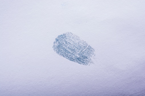 A closeup shot of a blue fingerprint on a white background