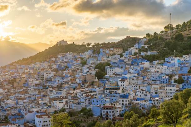 istock Breathtaking Chefchaouen view from Spanish Mosque, Morocco against colorful sunset sky 1437667582