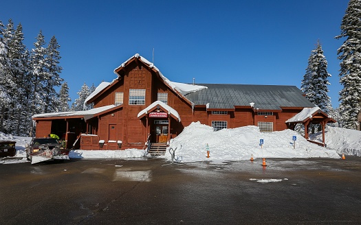Soda Springs, California, United States – February 04, 2018: The lodge building houses a restaurant and equipment rental desk at the Royal Gorge Cross Country Ski Resort.