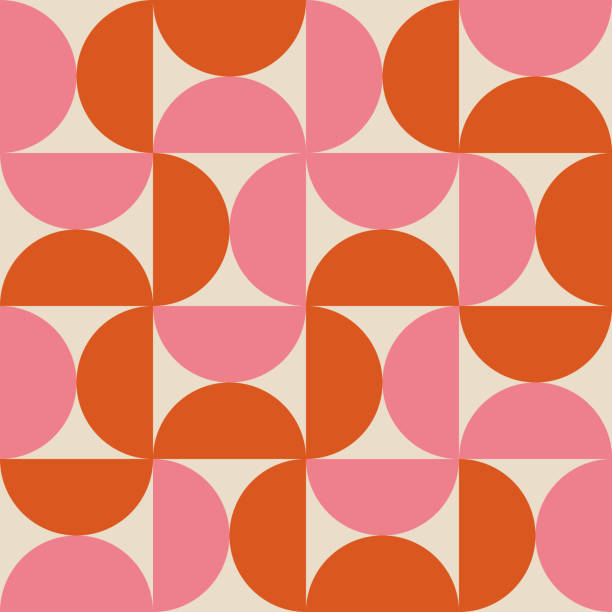 mid century modern half circles pola mulus dalam warna oranye dan merah muda. - pola ilustrasi stok