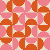istock Mid Century Modern Half circles seamless pattern in orange and pink. 1437667767