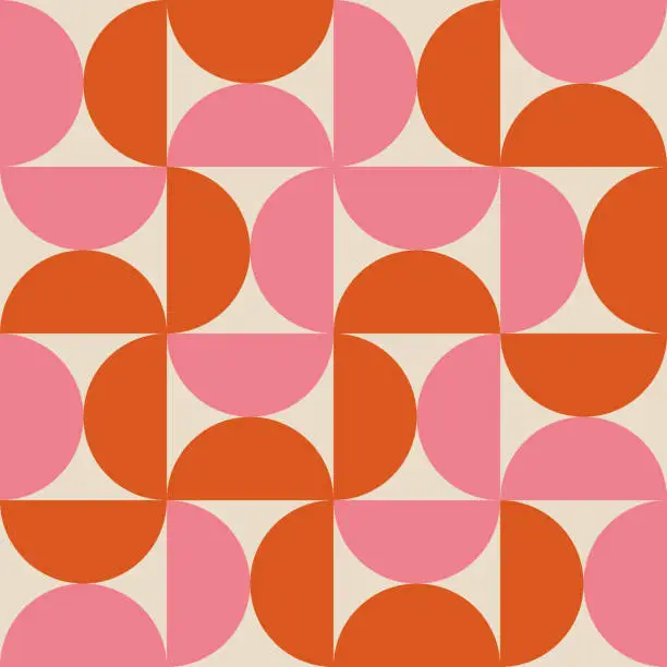 Vector illustration of Mid Century Modern Half circles seamless pattern in orange and pink.