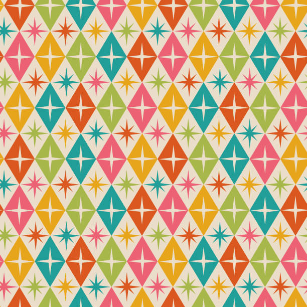 복고풍 다이아몬드에 세기 중반 현대 원자 별 폭발은 청록색, 녹색, 주황색, 분홍색 및 노란색의 매끄러운 패턴을 형성합니다. - wallpaper pattern wallpaper 1950s style ornate stock illustrations