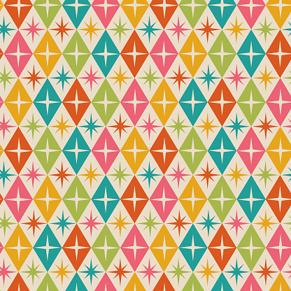 Mid century modern atomic starburst on retro diamond shapes seamless pattern in teal, green, orange, pink and yellow. For home décor, textile and fabric