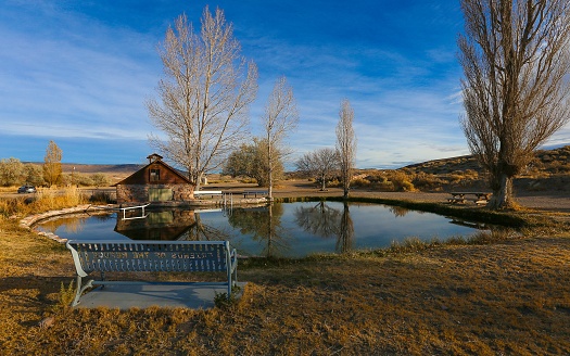 Virgin Valley, Nevada, United States – December 21, 2018: Virgin Valley Campground features a warm spring pond suitable for swimming in the center of its various camping areas.