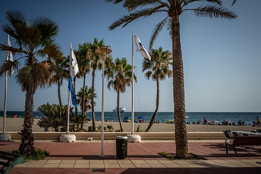 Almaria, Spain – July 30, 2022: View of Almeria Bay seen from the Alcazaba. Andalucia, Almeria, Spain