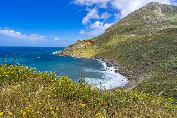 beautiful view of the coast of the sea at the mani peninsula in greece - mani peninsula imagens e fotografias de stock