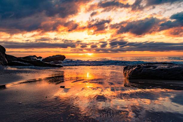 istock Breathtaking scenery of a sandy beach on a beautiful sunset background 1437669532