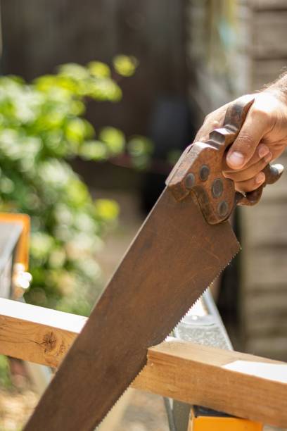 istock Vertical and closeup shot of the board sawing 1437670558