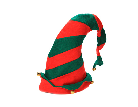 A closeup shot of elf hat with bells isolated on white background