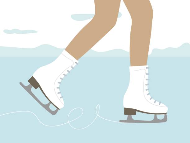 ilustrações de stock, clip art, desenhos animados e ícones de young woman's legs with ice skates. woman skates on ice rink. active lifestyle and health care. colored flat cartoon vector illustration. winter fun sport activities in winter landscape. skater girl - ice skates