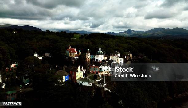 Birds Eye View Of Portmeirion Village With Beautiful Gardens In Wales Uk On A Cloudy Day Stock Photo - Download Image Now