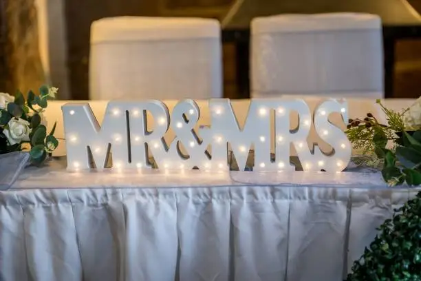 A beautiful shot of floral decorations with candles and "Mr&MRS" lights for a wedding