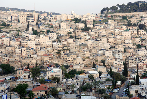 Wide angle high view of the crowded Palestinian village of Silwan or Siloam, on the outskirts of the Old City of Jerusalem.