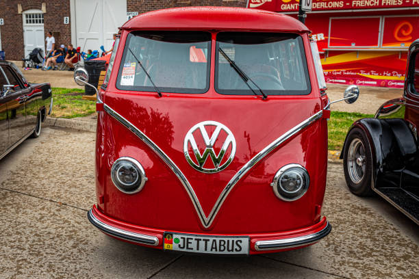 Des Moines, IA - July 01, 2022: High perspective front view of a 1965 Volkswagen Kombi T1 Van  at a local car show.