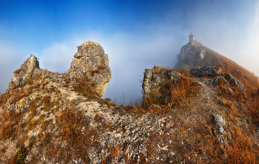 fog in the canyon. Autumn morning in the Dniester river valley. Nature of Ukraine