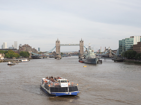 London, Uk - Circa October 2022: Panoramic view of River Thames including Tower Bridge and HMS Belfast ship