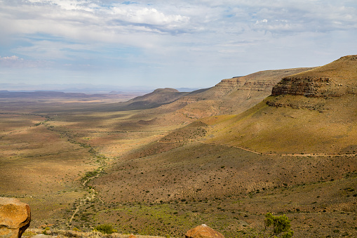 The breathtaking view over the Tankwa Karoo landscape from the top of the Gannaga Pass in Northern Cape, South Africa