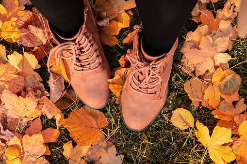 Beautiful legs of a young girl in brown shoes stand on the ground in the autumn foliage park, top view close-up.