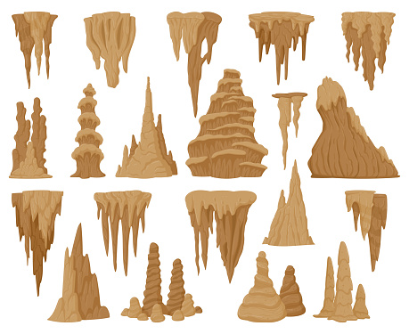 Cartoon stalactites and stalagmites, cave limestone rocks. Natural growth geology formations, mineral stalagmite and stalagnate columns flat vector illustration collection. Limestone formation set