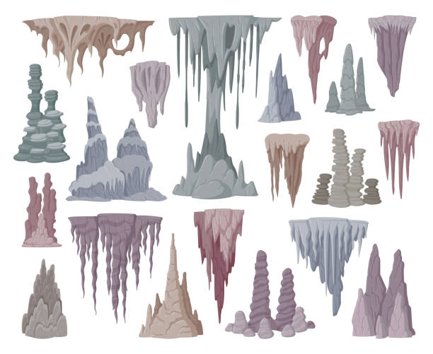 сталагмитовые и сталактитовые известняковые камни. мультяшный рост сталагмитовых образований, подземные сталактитовые сосульки плоская � - stalagmite stock illustrations