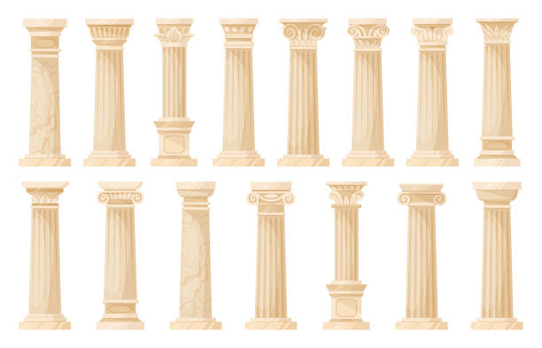 ilustrações, clipart, desenhos animados e ícones de templo de desenhos animados colunas antigas, pilares de desenhos animados gregos. ornamentos coríntios, iônicos e dóricos, coleção antiga de ilustração de vetores planos de decoração de colunata. antigas colunas gregas definidas - doric order