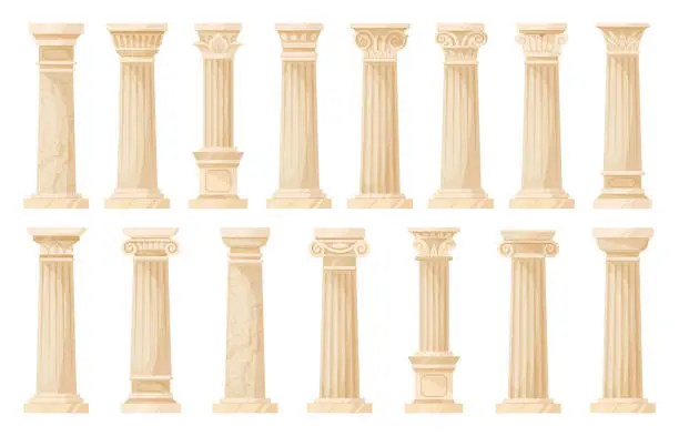 Vector illustration of Cartoon temple ancient columns, greek cartoon pillars. Corinthian, ionic and doric ornaments, antique colonnade decoration flat vector illustration collection. Ancient greek columns set