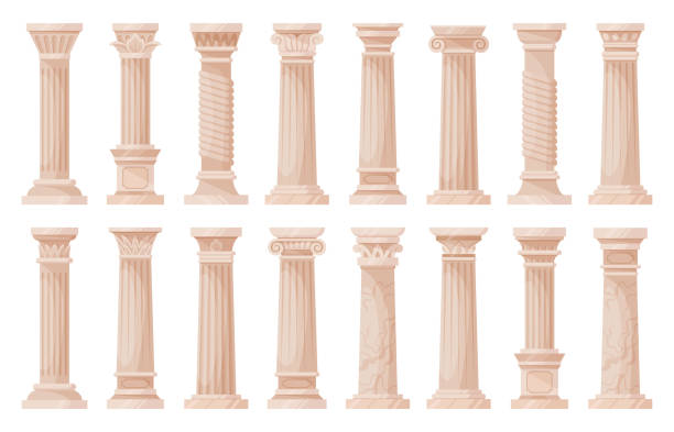 illustrazioni stock, clip art, cartoni animati e icone di tendenza di pilastri romani, colonne di architettura antica dei cartoni animati. antica collezione di illustrazioni vettoriali ioniche e doriche ornate greche piatte. set di colonne classiche greche - ionic