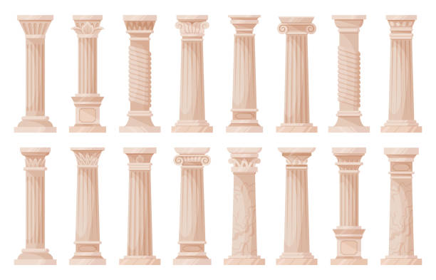 ilustrações, clipart, desenhos animados e ícones de pilares romanos, colunas de arquitetura antiga de desenhos animados. antigos pilares iônicos gregos e doricos ornamentados coleção de ilustração de vetor. conjunto de colunas clássicas gregas - column greek culture roman architecture