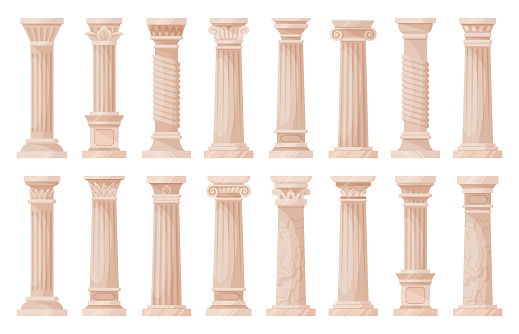 Roman pillars, cartoon antique architecture columns. Ancient greek ionic and doric ornamented pillars flat vector illustration collection. Greek classic column set