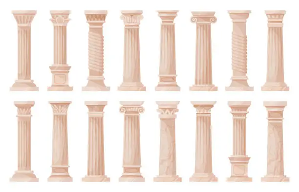 Vector illustration of Roman pillars, cartoon antique architecture columns. Ancient greek ionic and doric ornamented pillars flat vector illustration collection. Greek classic column set