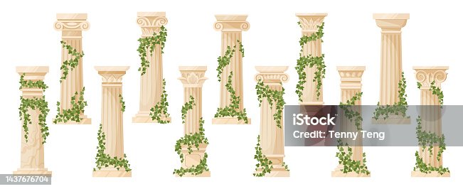 istock Cartoon ancient ivy-covered greek column. Ancient roman pillars with climbing ivy branches flat vector illustration set. Antique foliage decorated columns collection 1437676704