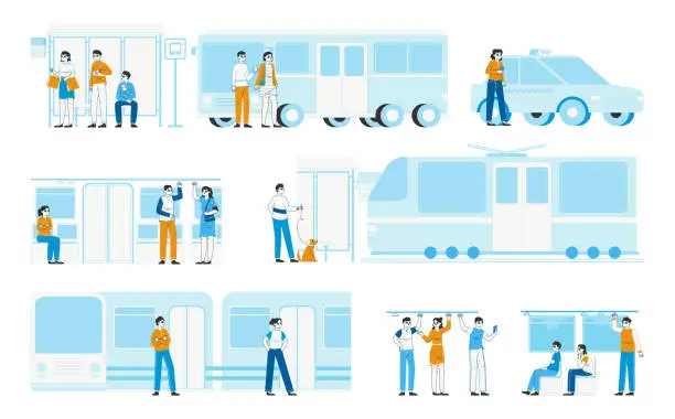 Vector illustration of Bus stop, taxi, tram busy public transport passengers. People travel on urban city transport, metro train and car sharing passenger flat vector illustration set. City transportation infrastructure