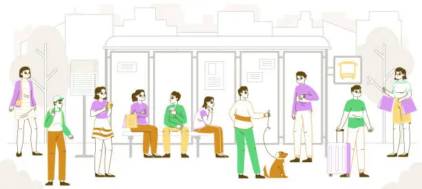 Vector illustration of Passengers waiting bus on bus stop. Public transport, commuting, city bus standing and sitting on bench passenger characters flat vector illustration. Bus station waiting people