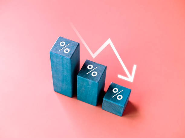 istock Falling down arrow with percentage icon on blue wood blocks, 3d bar graph chart steps on red background, business crash, inflation, market decrease, down trends, economic crisis concepts, minimalist. 1437678653
