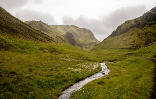 istock Narrow stream surrounded by rocky hills covered in greenery under a cloudy sky 1437679109