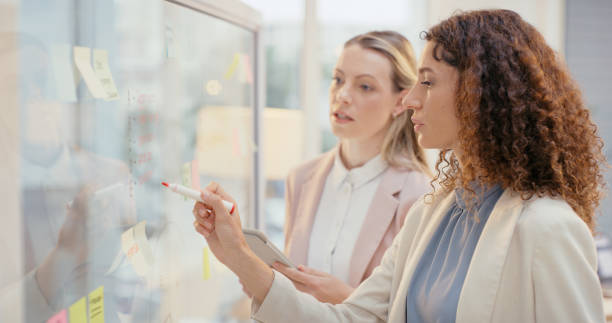 istock Teamwork, writing on board and women planning business, group project or strategy for startup company. Female entrepreneur, team or write on sticky notes for collaboration, conversation or innovation 1437680105