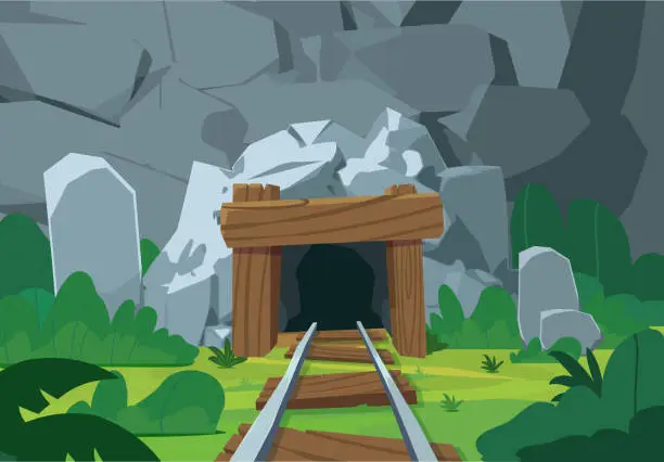 Vector illustration of Entrance to a coal mine with a track for trolleys, flat vector illustration.