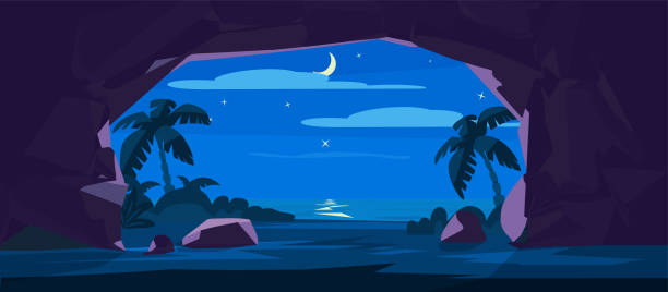 illustrations, cliparts, dessins animés et icônes de entrée de la grotte en pierre de nuit avec des silhouettes de lune, d’eau et de palmiers à l’extérieur de style plat - bâtiment vu de lextérieur illustrations