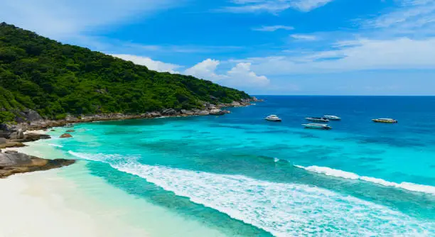 Above view of white sand beach tropical with seashore as the island in a coral reef ,blue and turquoise sea Amazing nature landscape with blue lagoon