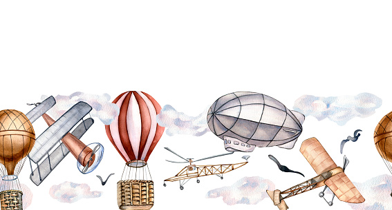 Seamless banner of retro aircrafts watercolor illustration on white backgrounds. Airplane, dirigible, hot air balloons, cloud hand painted. Cute design element for web, kids, wallpaper, typography